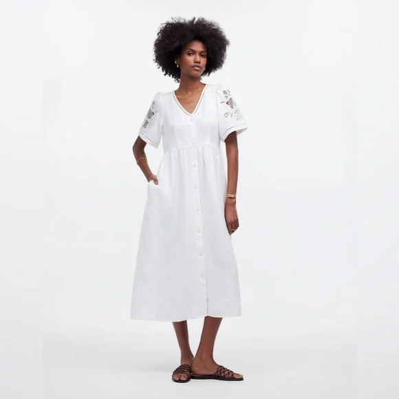 Madewell NWT Cassie Button-Front Midi Dress in Linen Size Small in Eyelet White - Picture 2 of 13